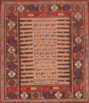 Kilim Red Square Hand Knotted 3'8" X 4'6"  Area Rug 100-76560